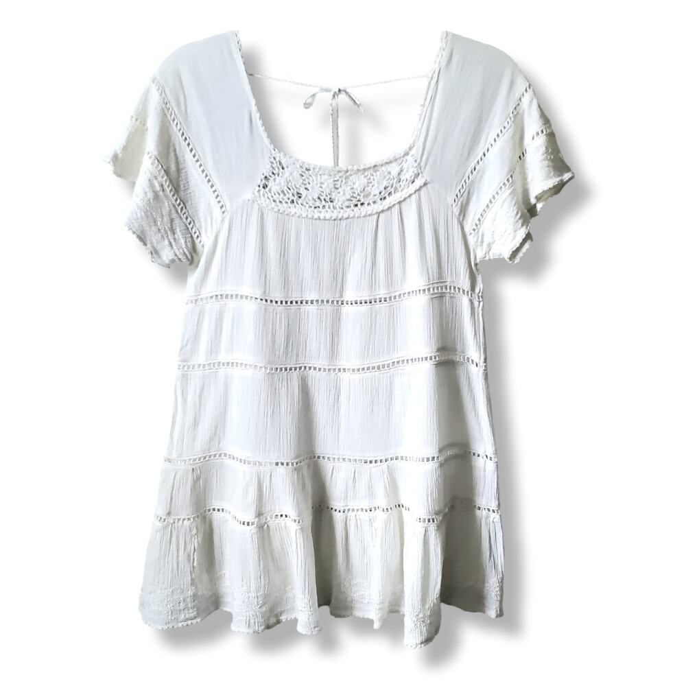 Blanco Women Ivory Crochet Gauze Tiered Babydoll Top S Boho Festival Beach